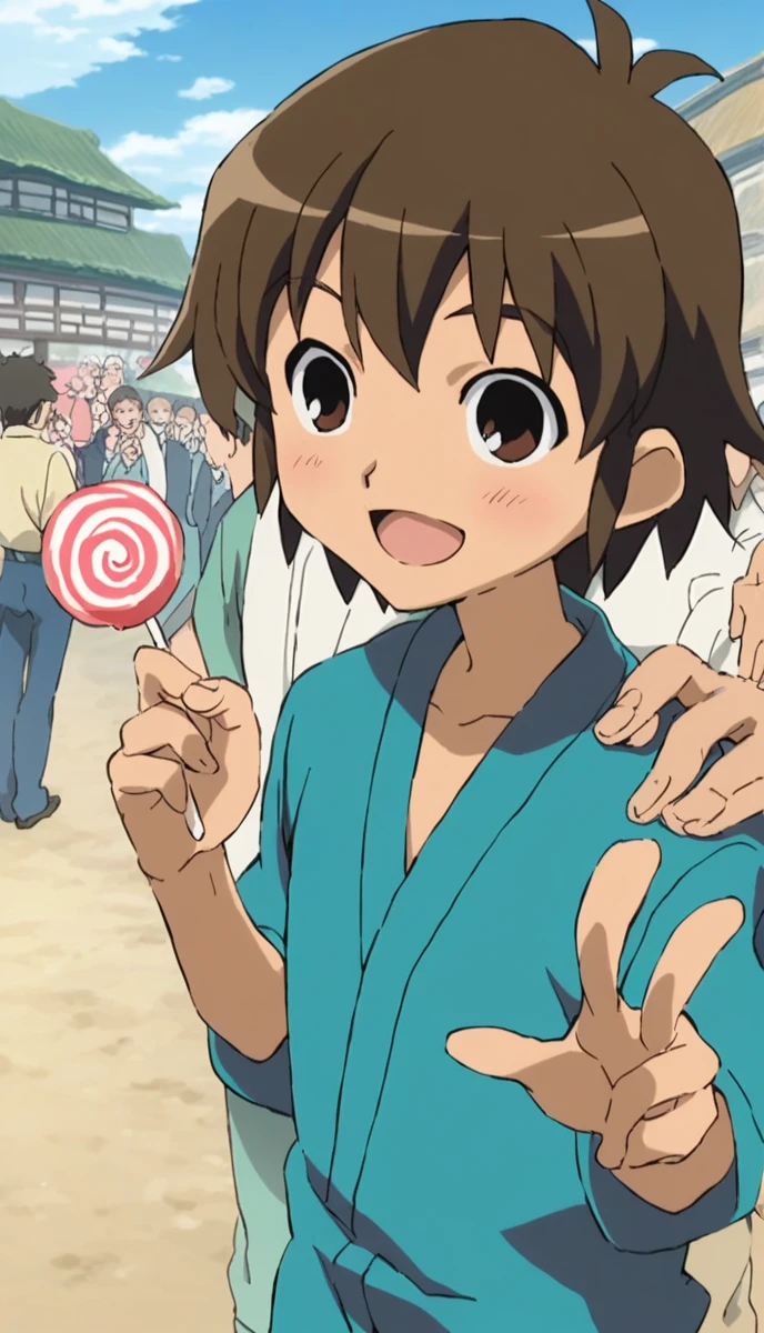  sauce_anime, 1peopleの男の子, Handa Shinichi, Brown Hair, Brown eyes,  Pause, smile, Put your hands on your hips, View your viewers, anime, 一peopleの男の子, Handa Shinichi, Brown Hair, Brown eyes, night、stop temporarily,cotton candy (background, ・色とりどりの花火が夏祭り会場のnight空を彩る. ・Fireworks soar high into the sky、night空を彩る. ・The summer festival scene is depicted with a focus on boys.. ● Stalls and stalls are lined up, そしてpeople々seems to be enjoying. ), (people, A man wearing a yukata stands under fireworks. Late teens to early twenties, -A man has a huge piece of cotton candy in her hand. ), (Four fingers and thumb:1.3), (cotton candy, ・((The man is holding her face size over cotton candy:1.3), (massive size cotton candy:1.5)). ・cotton candyは真っ白でふわふわ, It smells sweet when you put it in your mouth. ), Open your mouth:1.25, (expression, ・The man is eating cotton candy with relish. The boy has a smile of satisfaction on his face.. ),Blue yukata