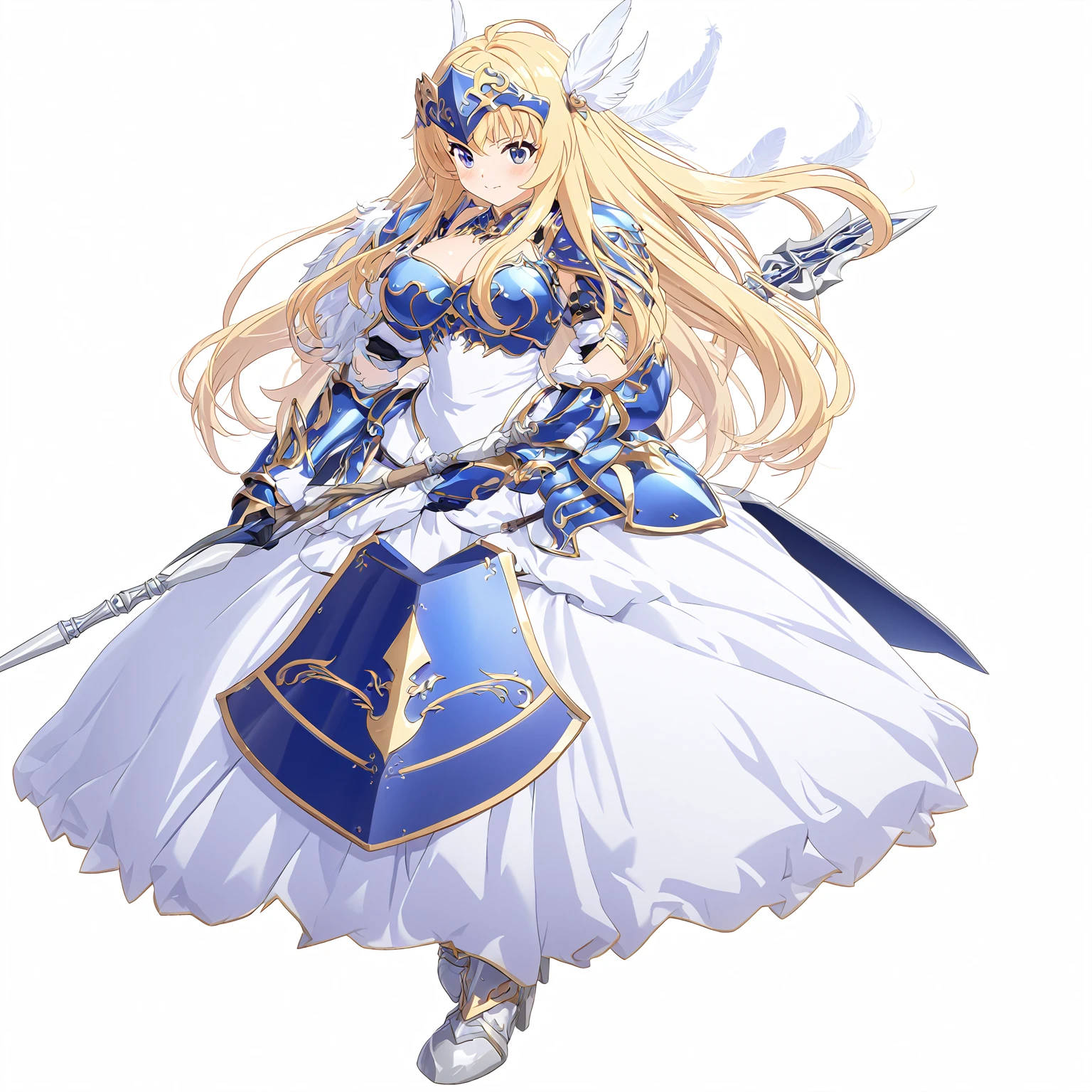 Highest quality, high resolution, High quality game art style, whole body,Valkyrie,Official Art, Smooth game CG art,Cute 3D anime girl render, Visual Novel Sprites, White background,Smooth game CG art, (((Woman with a long spear))),A woman wearing a white dress and blue armor, An intricately designed helmet with white feathers,Small shield, (((Has an exquisite long spear))),Exquisite Blue Armor,Golden Hair, long hair, female knight, Rin々Shii,Large Bust,17 years old,