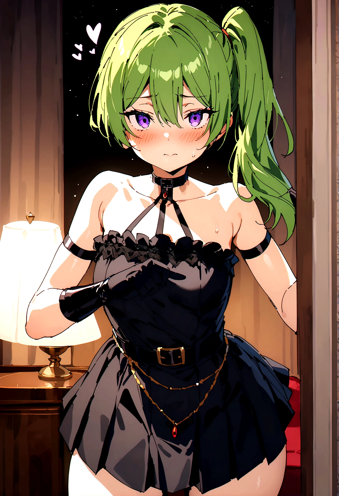 NSFW,masterpiece,Highest quality,High resolution,Super detailed,Uber\(Funeral of Frieren\),Green Hair、bangs、Hair between the eyes、Side Ponytail、Purple Eyes、Black choker、clavicle、No sleeve、Black Dress、No sleeveのドレス、Halter neck、Pleated skirt、Black gloves、belt、Black shoes,Embarrassed,blush,Luxurious Room,Brothel at night,heart,Sexy pose