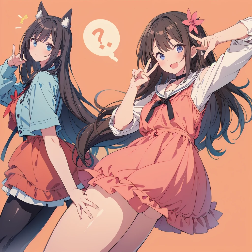 Cat ears girl、Girl with long black hair、(His blue and white checked shirt is unbuttoned、A glimpse of the orange bra)、(Blue it with your legs spread in an M shape、Showing off her cute white underwear)、(barefoot、cute leather shoes)、Short, big breasts, slender、Sisters give a double peace sign