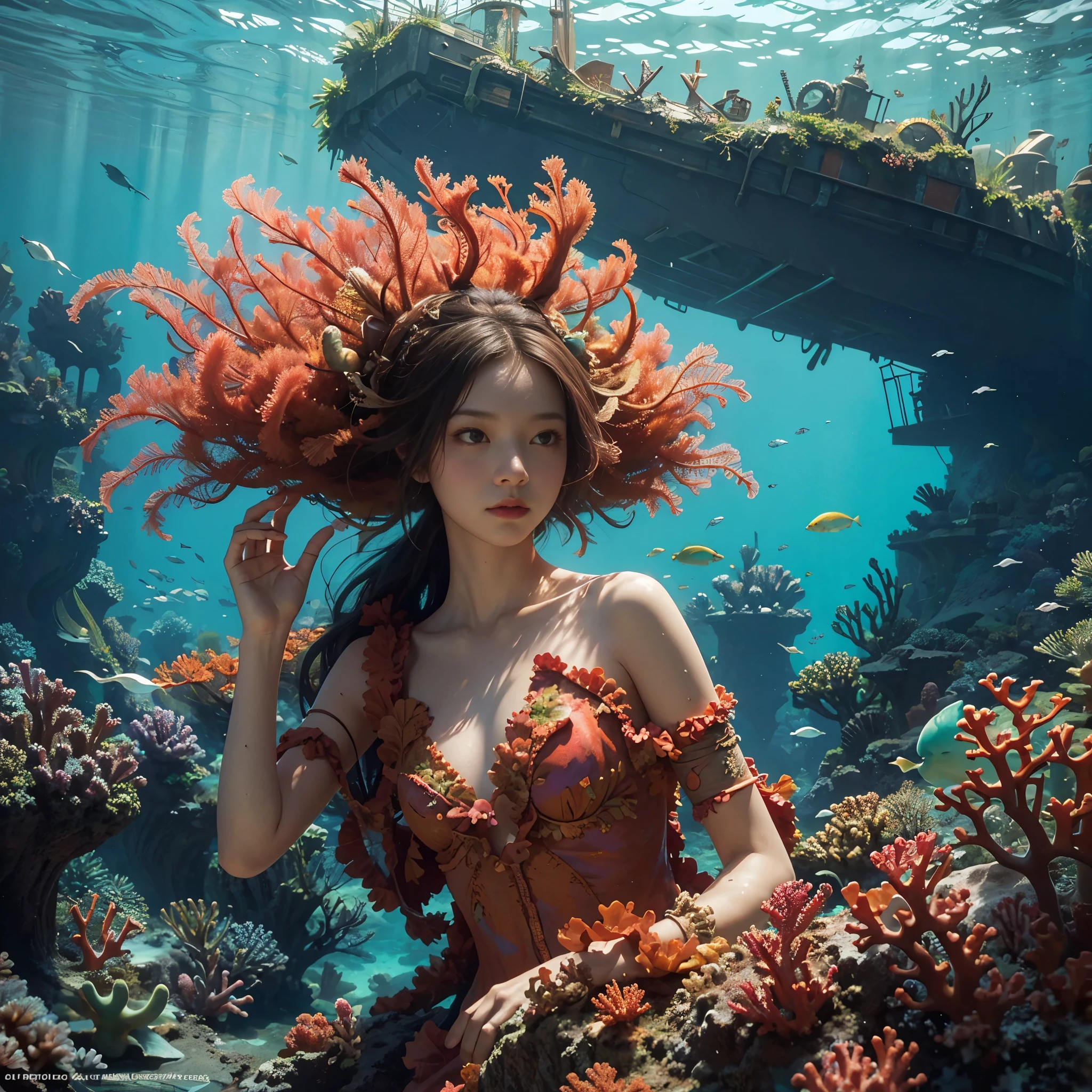 In a brief interim a coral fairy dressed with algae illuminates with St. Elmo's Fire a pirate wrecking site on covered by algae and coral, showcasing the wrecked ship partially hidden by the acuatic vegetation, a wooden treasure chest, underwater scene, Caribbean sea, melancholic, organic forms, art nouveau, slightly influenced by Zena Holloway, Shaun Tan and Seth Globepaint.