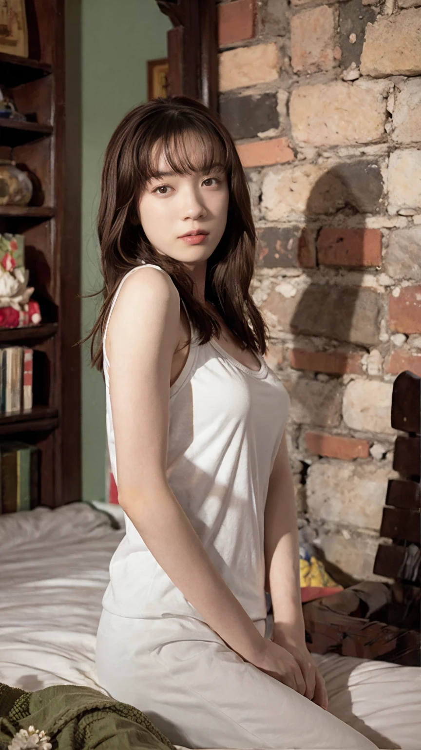 (((Highest quality,Very detailed,masterpiece,Very detailed))) ,(((crawl:1.5))),((Bend your knees)),Loose breasts,See-through,camisole,one piece,barefoot,One Girl,Realistic,Bedroom、Looks sleepy