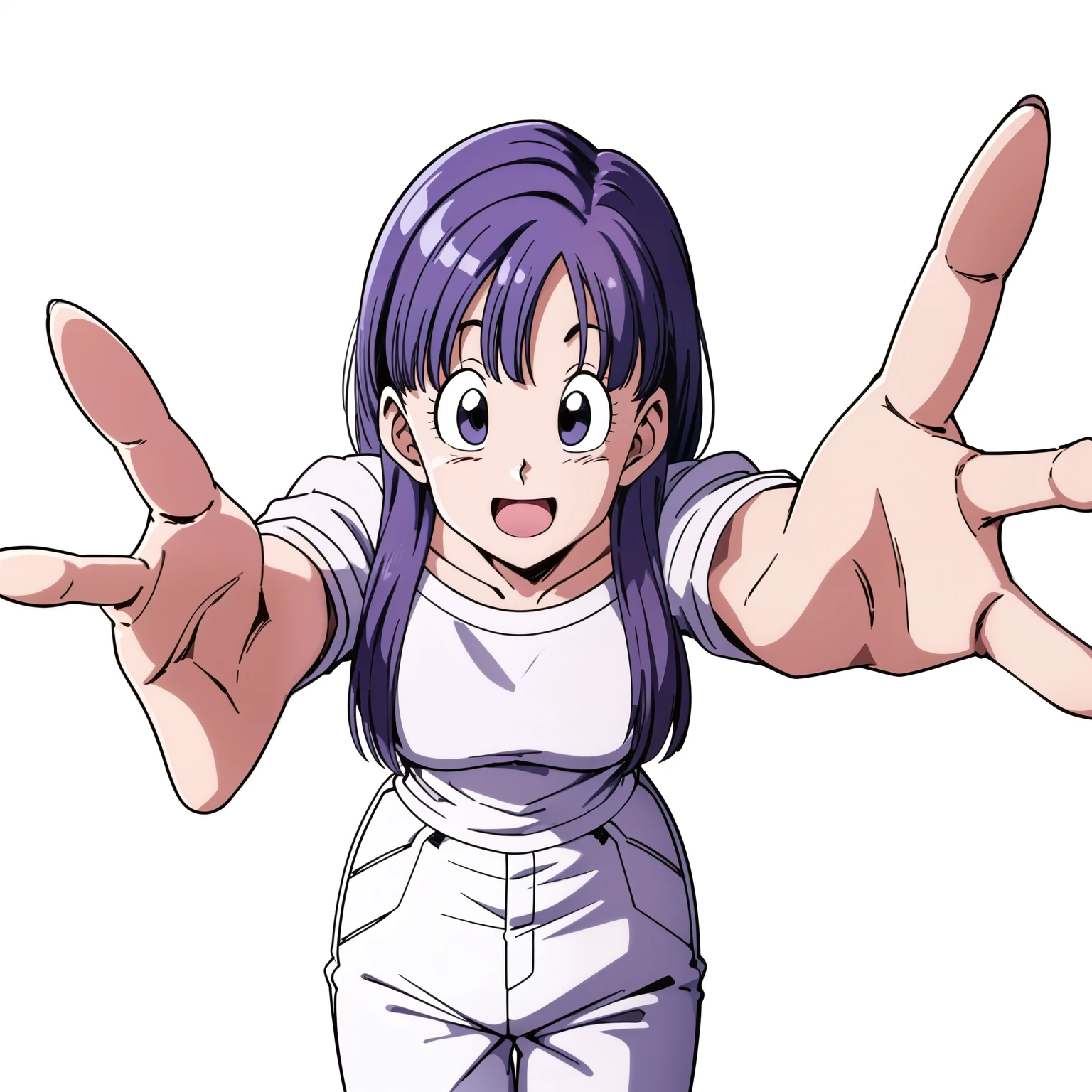 Bloomers, Cell Saga, Semi-long hair, Purple Hair, No bangs, Brown eyes, One girl, alone, White shirt, White pants, Baggy pants, Surprised, Surprise, surprise, Open your mouth, From above, Raise your hand, eyelash, Hand over mouth, From the chest up, smile, Upper Body, White background,