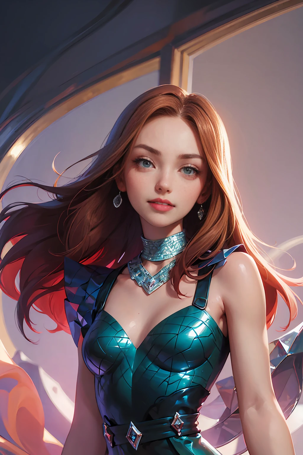 beautiful face, cute face, League of legends, zoe, sling shot bikini,  smug smile, smallest breasts, dim room, night, big head, short woman, detailed face, beautiful eyes, full lips, intricate details, hyper realistic, cinematic lighting, dramatic shadows, vibrant colors, fantasy art, concept art, armpit,