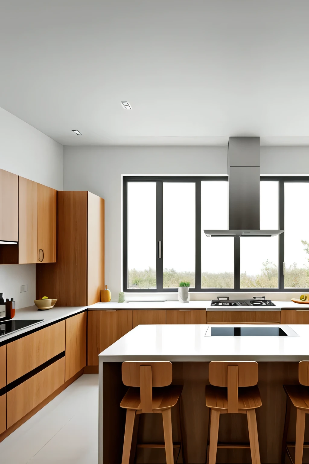Professional 3d architecture rendering design of so modern and minimal kitchen with  light wooden color 