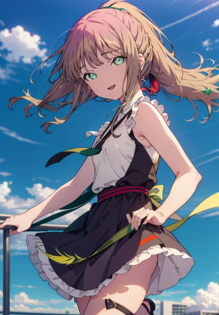 minami yume ,sss Dynazenon ,Long Hair, Brown Hair, (Green Eyes:1.5) ,Center of chest,hair band,ponytail,happy smile, smile, Open your mouth, Blue sleeveless dress,Long skirt,Cute heeled sandals,whole bodyがイラストに入るように,Daytime,Clear skies,Walking,
break looking at viewer, whole body,(Cowboy Shot:1. 5),
break outdoors, Residential Street,
break (masterpiece:1.2), Highest quality, High resolution, unity 8k wallpaper, (shape:0.8), (Beautiful and beautiful eyes:1.6), Highly detailed face, Perfect lighting, Highly detailed CG, (Perfect hands, Perfect Anatomy),
