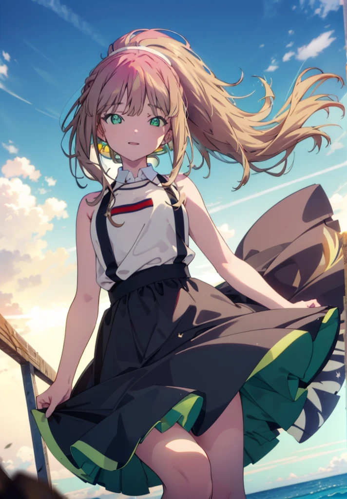 minami yume ,sss Dynazenon ,Long Hair, Brown Hair, (Green Eyes:1.5) ,Center of chest,hair band,ponytail,happy smile, smile, Open your mouth, Blue sleeveless dress,Long skirt,Cute heeled sandals,whole bodyがイラストに入るように,Daytime,Clear skies,Walking,
break looking at viewer, whole body,(Cowboy Shot:1. 5),
break outdoors, Residential Street,
break (masterpiece:1.2), Highest quality, High resolution, unity 8k wallpaper, (shape:0.8), (Beautiful and beautiful eyes:1.6), Highly detailed face, Perfect lighting, Highly detailed CG, (Perfect hands, Perfect Anatomy),