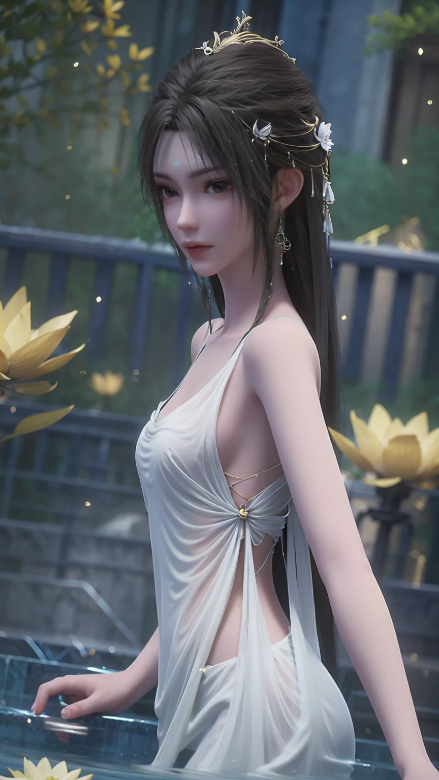 a beautiful young woman bathing in a pond, water gently lapping at her shoulders, wearing a sheer silk dress, hands covering her chest, golden glowing lotus flowers floating on the water's surface，White clothes ，Wearing white suspender chiffon silk pajamas