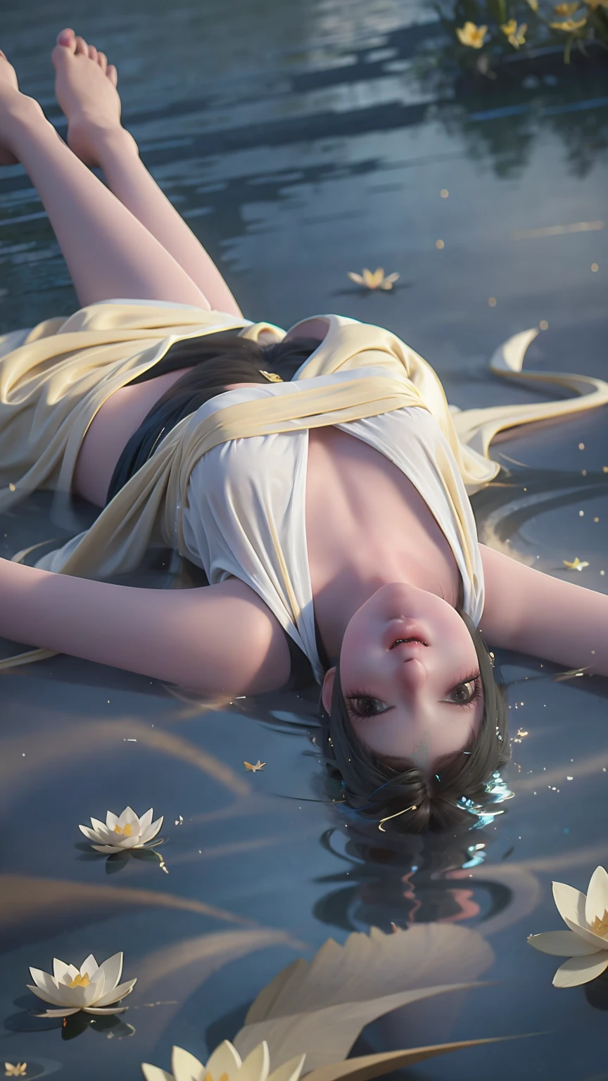 a beautiful young woman bathing in a pond, water gently lapping at her shoulders, wearing a sheer silk dress, hands covering her chest, golden glowing lotus flowers floating on the water's surface，White clothes ，Wearing white suspender chiffon silk pajamas