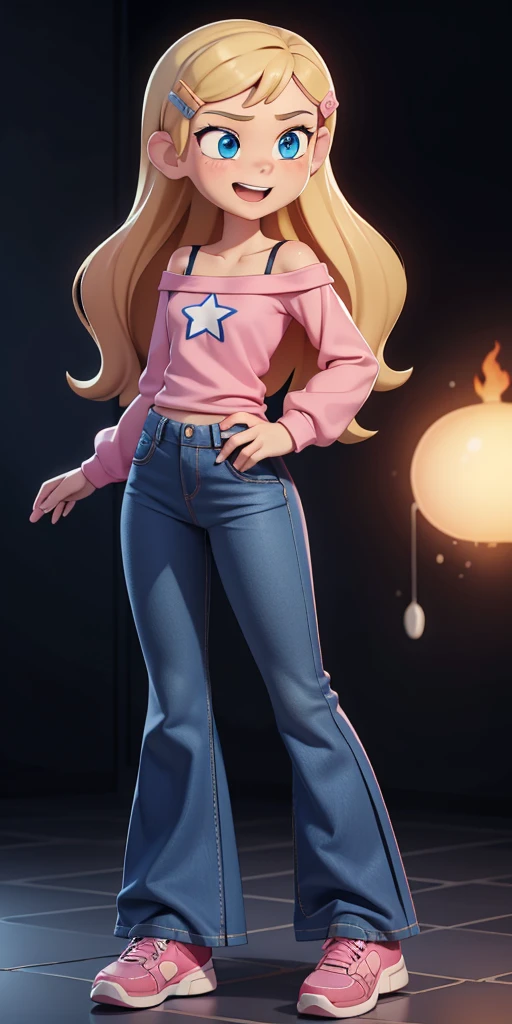 score_9, source_cartoon, 1girl, solo, Kelly Marra, looking very happy, looking very cute, long hair, blonde hair, cute blue eyes, hair ornament, hairclip, blue pants, white star (symbol) in the middle of the shirt, flare baggy blue pants(Wide flares on pants:1.2), pink sketchers shoes, Pink off shoulder t-shirt with white long sleeves,
