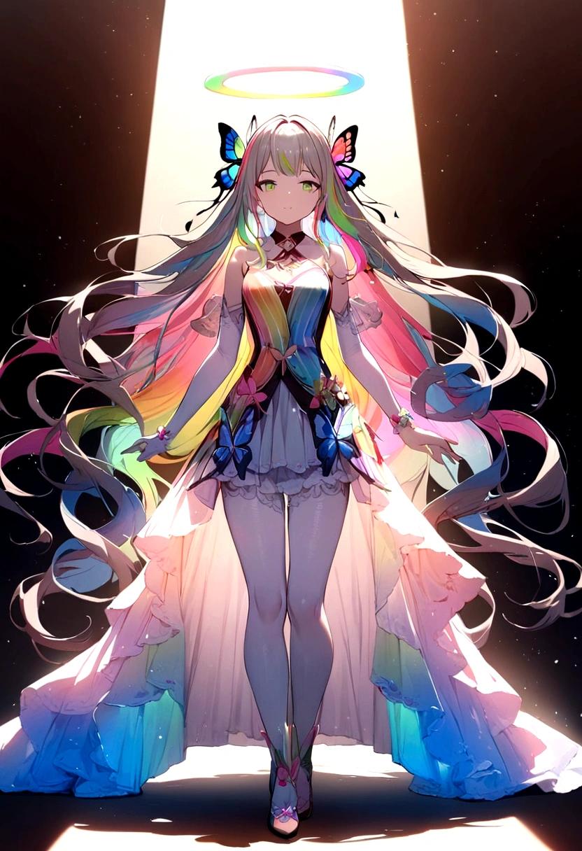 1 girl, masterpiece, Very detailed, ((Light)), (Send Light), ((dramatic Lighting)), ((Beautiful and detailed Light)), Full body painting,intricate details, Lens Light Halo, Colorful hair, rainbow hair, long hair, colorful clothes, Butterfly hair accessories, Butterfly, (Light particles), faint smile, green eyes, temple, spotLight, dark background, Floating hair, Floating hair, looking at the audience,((colorful)),clear facial features,beautiful eyeasterpiece