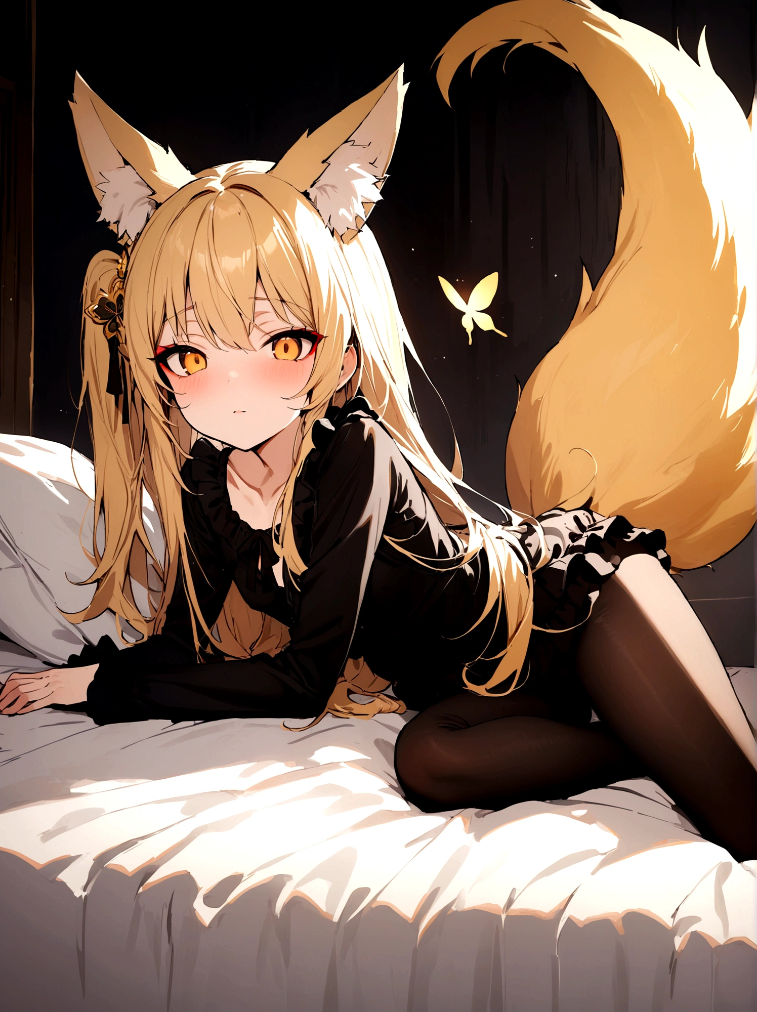 (masterpiece, best quality) junior,detailed, (beautiful,small breasts), blonde,long hair, side ponytail(tied to the left),Hairpin decoration with gold butterfly, elegant, (fox ears),nine tailed fox tail, red eyeshadow, golden eyes, femur，black pajamas,See-through pajamas,Bedroom Background,Lying in bed,girl,yandere