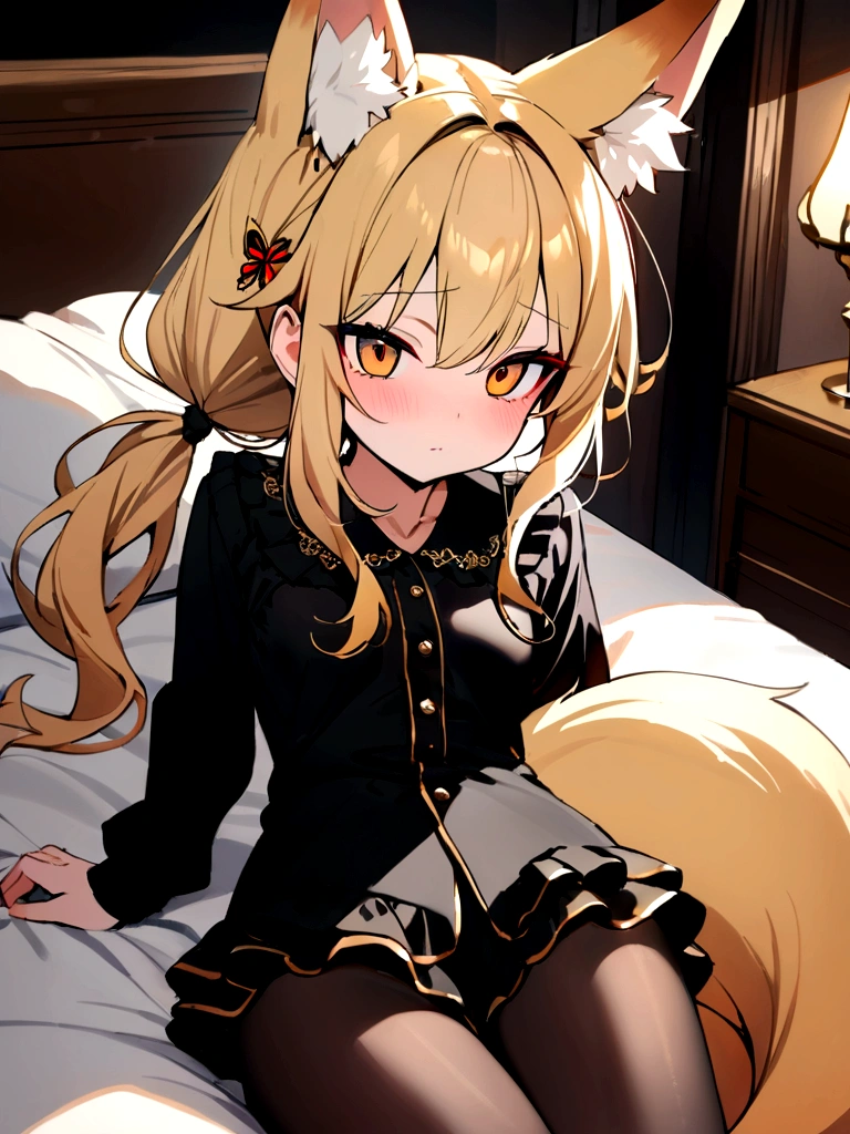 (masterpiece, best quality) junior,detailed, (beautiful,small breasts), blonde,long hair, side ponytail(tied to the left),Hairpin decoration with gold butterfly, elegant, (fox ears),nine tailed fox tail, red eyeshadow, golden eyes, femur,black pajamas,ruffle pajamas,Bedroom Background,Lying in bed,girl,yandere,Wearing black tights
