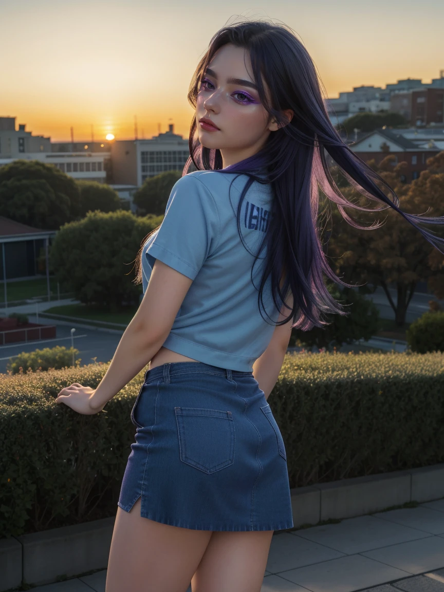 (1 lady), The beautiful, (Best quality at best:1.4), (ultra - detailed), Top Quality, Intricate Details, Ultra Detail, Ultra High Resolution, (extremely detailed CG unified 16k), ((masterpiece)), ((best quality)), ((highres)), ((detailed background)), solo, gym woman body, natural lighting, sunset, (ichinose kotomi, amazingly attractive, perfect body), clannad uniform, blue skirt, black socks, hair ornaments, RAW UHD 8k photography, tarankaaa, 1girl blueish purple hair, library background, hyper realistic, realistic cinematic face, head to feet long wide zoomed out view, full body long view, photorealistic, gorgeous, extremely beautiful face, perfect model beauty, (amazing legs, strong legs, athletic legs), combat boots, clear and well-cared skin