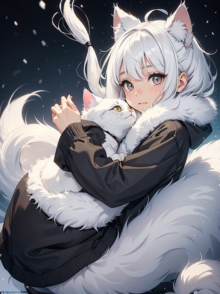 A little feline girl, De pele clara, white hair with black spots, A friendly face, gray eyes and clothes for the cold, with a fluffy, furry tail and is very hungry