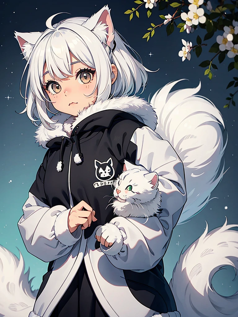 A little feline girl, De pele clara, white hair with black spots, A friendly face, gray eyes and clothes for the cold, with a fluffy, furry tail and is very hungry