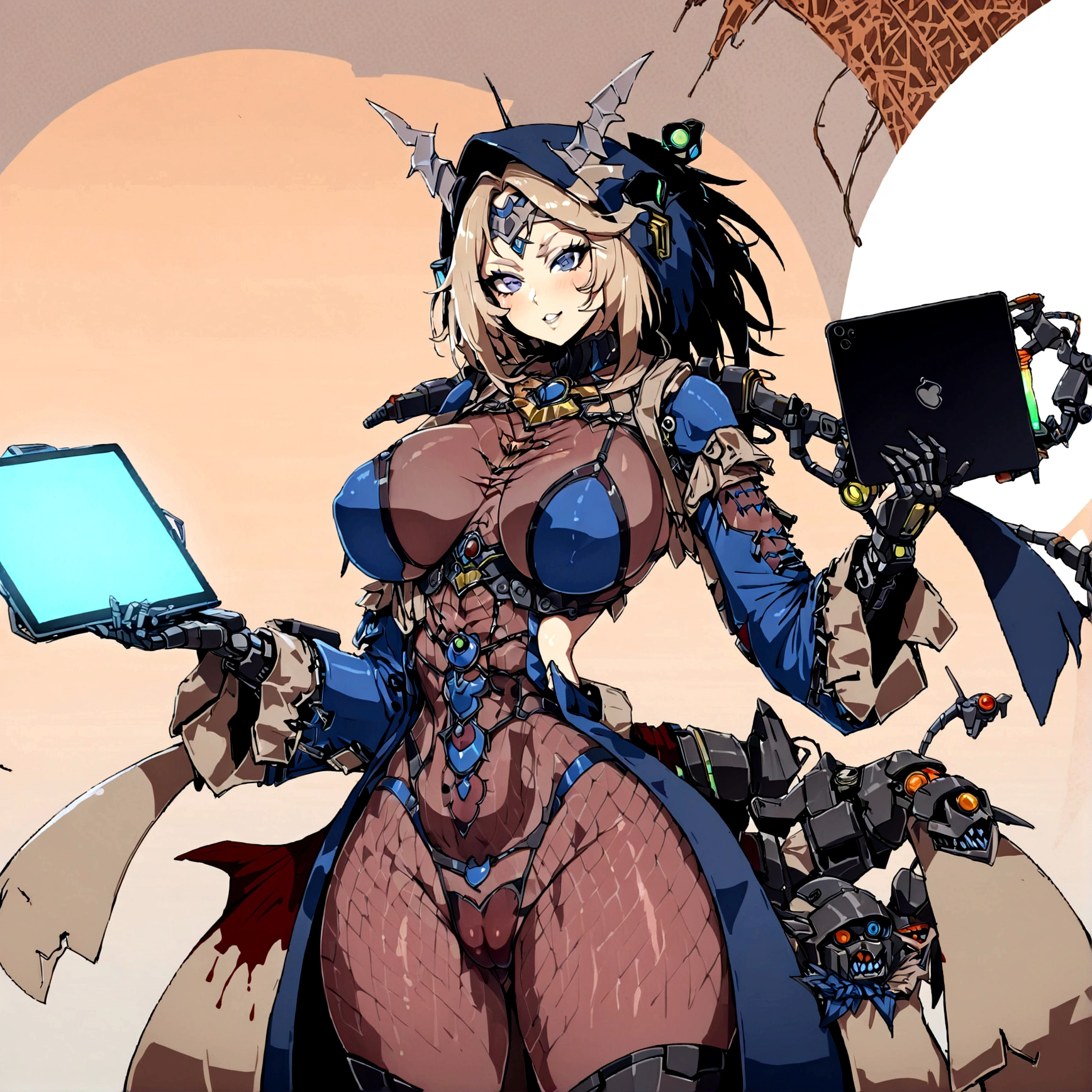 very big tits ((Masterpiece, The best quality)), illustration, 8K ultra detailed, realist, clear focus, Very detailed, Professional lighting, colorful details, Rainbow color break, high rise factory, large mechanical robot structure, tablet, computer, ((glow)), intricate details, shitu-mecha, 1 girl, mecha, belly button, color image, (cyberpunk), (redder hair: 1.2) big tits very sexy very big tits extremely big tits big cameltoe cameltoe cameltoe big cameltoe big,yellow red hair,Yellow hair, ((techpriest)), mechanical arms, obtained mechanic, Big fully naked. ((washed up red flowing modest ornate hooded technopriest dress, Dirty (red robes with oil stain)))