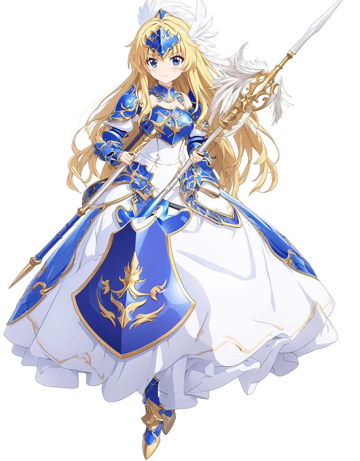 Highest quality, high resolution, High quality game art style, whole body,Valkyrie,Official Art, Smooth game CG art,Cute 3D anime girl render, Visual Novel Sprites, White background,Smooth game CG art, (((Woman with a long spear))),A woman wearing a white dress and blue armor, An intricately designed helmet with white feathers,Small shield, (((Has an exquisite long spear))),Exquisite Blue Armor,Golden Hair, long hair, female knight, Rin々Shii,Large Bust,17 years old,