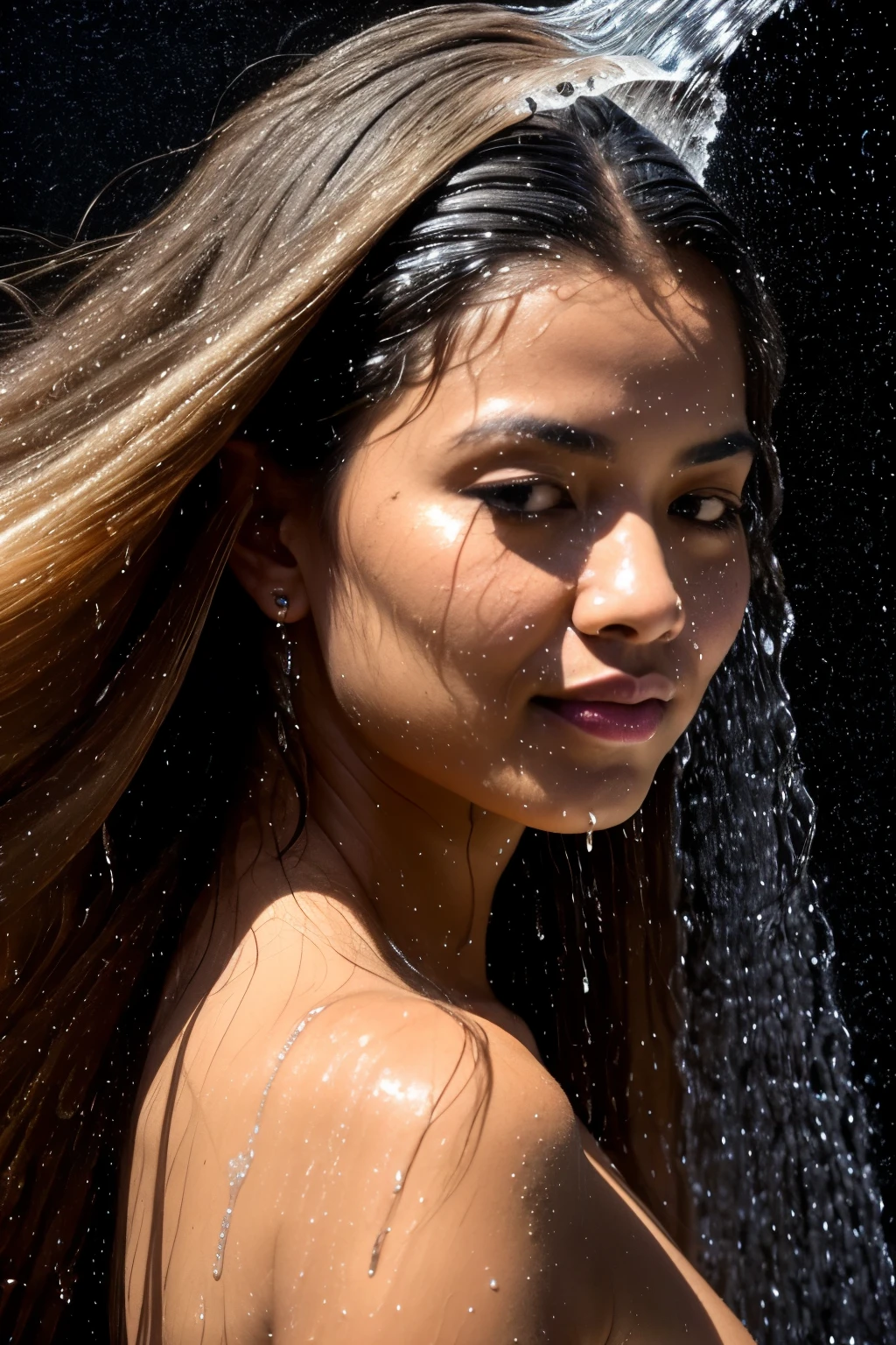 Title: "The Majestic Embrace of the Rain"
Medium: Oil on Canvas
Technique: Chiaroscuro and Photo-Realism with Glazing and Blocking In
Description: This exquisite oil painting showcases a captivating close-up portrait of a Malay woman, immersed in the intimate moment of a warm shower. The radiant glow of her skin is a testament to the artist's mastery of the Chiaroscuro technique, expertly balancing the play of light and shadow. The streaming water cascades down her hair, creating a transparent fluid effect that shimmers with life, each droplet delicately captured by the
