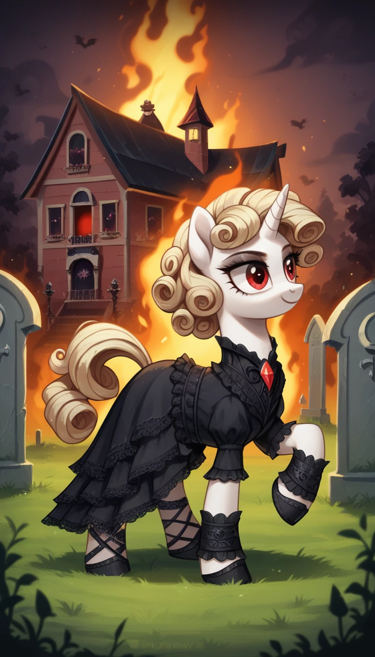 score_9,score_8_up,score_7_up,score_6_up, female, unicorn, white fur, curly blonde hair, red eyes, Gothic pony, lolita fashion, glowing backlight, fashion show, graveyard, glitter, whimsical, enchanted, magical, fantasy art concept, intricate details, evil smile, burning home
