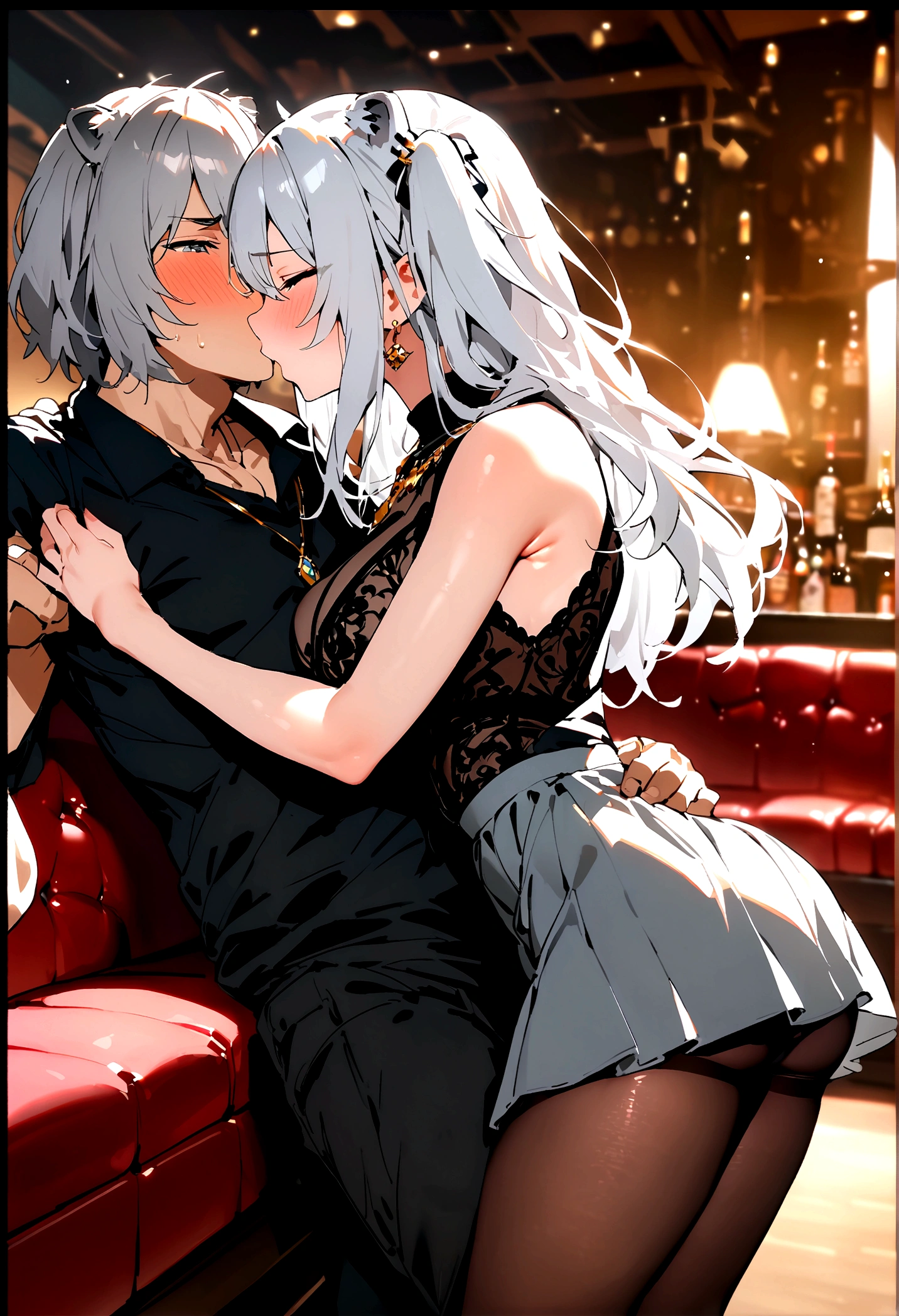 NSFW,masterpiece,Highest quality,High resolution,Super detailed,Shishirabotan\(Hololive\),Long Hair、Two Side Up、Earrings、Lion's Tail,necklace、Black Shirt、Sleeveless shirt、abdomen、See-through、Grey Skirt、片足pantyhose、pantyhose、Off the shoulder,Black sexy panties,Embarrassed,blush,Luxurious Room,pub,Private room,sofa,(Drunk),(Intoxication),heart,Sexy pose,Panty shot,(Middle-aged men),(A man puts his hands on her waist and hugs her),to kiss,From the side