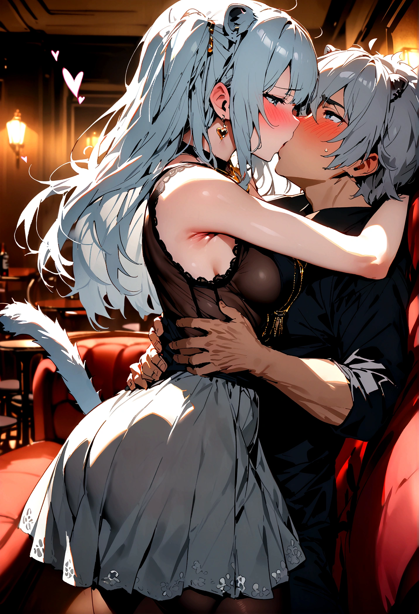 NSFW,masterpiece,Highest quality,High resolution,Super detailed,Shishirabotan\(Hololive\),Long Hair、Two Side Up、Earrings、Lion's Tail,necklace、Black Shirt、Sleeveless shirt、abdomen、See-through、Grey Skirt、片足pantyhose、pantyhose、Off the shoulder,Black sexy panties,Embarrassed,blush,Luxurious Room,pub,Private room,sofa,(Drunk),(Intoxication),heart,Sexy pose,Panty shot,(Middle-aged men),(A man puts his hands on her waist and hugs her),to kiss,From the side