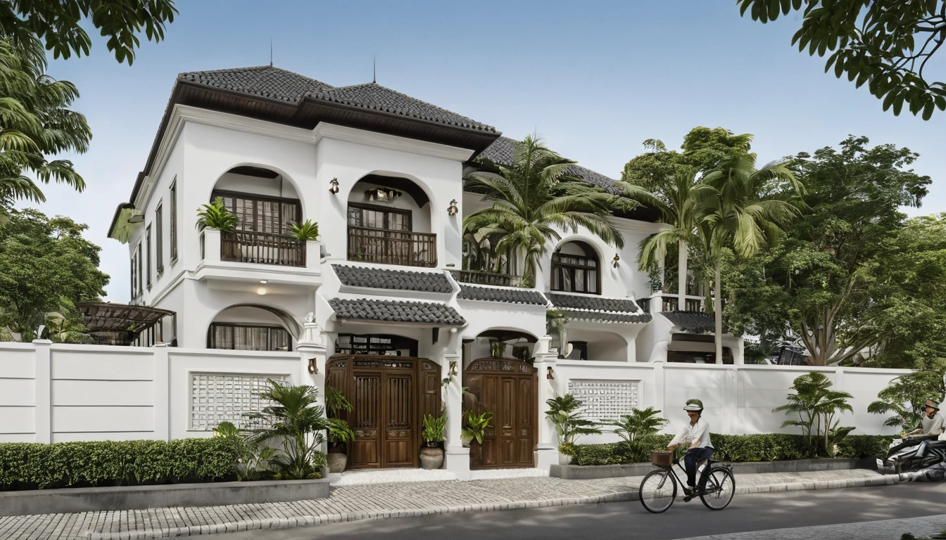 Render a 15-meter-wide, 6-story Indochine-style townhouse situated in an urban setting. The townhouse features an elegant white facade with traditional Indochine architectural elements, including arched windows, wooden shutters, and decorative railings. The roof is designed with a two-sided slope running from front to back, similar to the style of houses in Hoi An. The exterior walls are adorned with subtle, ornate details that reflect the Indochine style. Incorporate artistic wooden louver panels on the exterior for added visual interest and architectural depth. The ground floor includes a welcoming entrance with classic wooden furniture and traditional lanterns. The street is lined with cobblestone pavement, temperate plants, and urban elements such as street lamps and parked bicycles, creating a harmonious blend of traditional and urban aesthetics. 8k resolution, UHD, high-quality detail, Indochine style, 5-meter-wide facade, 6-story, white exterior, arched windows, wooden shutters, decorative railings, two-sided sloping roof, Hoi An style, classic wooden furniture, traditional lanterns, ornate details, artistic wooden louver panels, urban setting, street view, cobblestone pavement, tropical plants, street lamps, parked bicycles, harmonious blend of traditional and urban aesthetics.