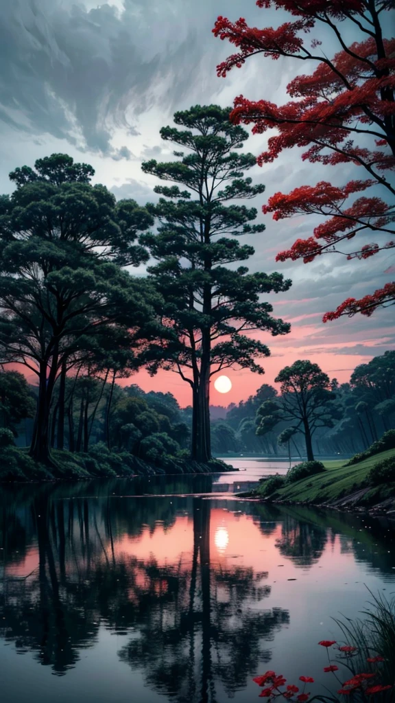 Lake,Giant Tree,Blood Moon Weather,The environment is gloomy and humid,Vast Silence。