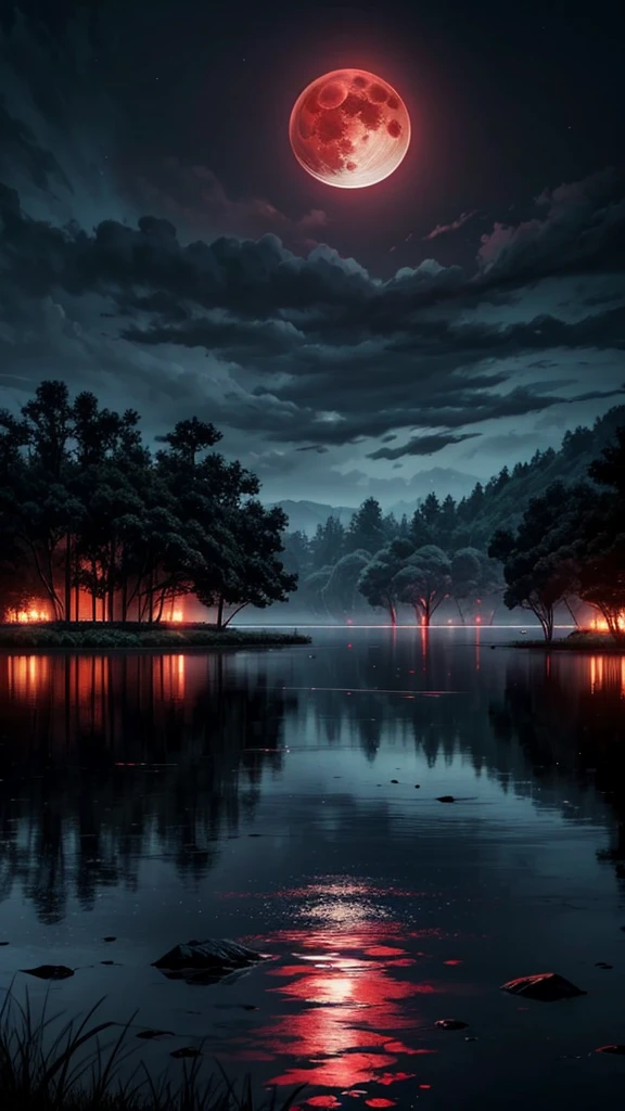 Lake,Giant Tree,Blood Moon Weather,The environment is gloomy and humid,Vast Silence。
