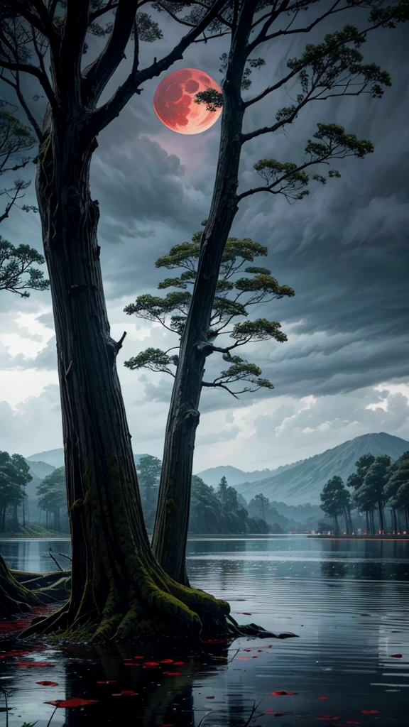 Lake，Giant Tree，Blood Moon Weather，The environment is gloomy and humid，Vast Silence。