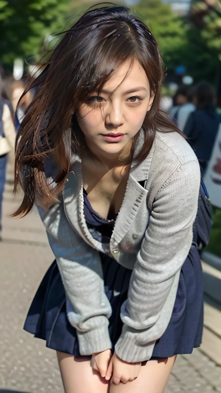 (A high school girl bends down to pick up a bag that was on the ground on a Tokyo street:1.2、blue sky、Cleavage)、((school uniform、blazer、Pleated skirt、Navy blue socks、loafers)、the wind is strong、(Realistic、Like a photograph、Live Action、8K, Realistic, RAW Photos, Best image quality: 1.4), Single-lens reflex camera、RAW Photos, Highest quality, Realistic, Highly detailed CG Unity 8K wallpaper, Written boundary depth, Cinematic Light, Lens flare, Ray Tracing, Realistic background、((ultra high density skin))、 Teenage girl on her way to school,Cute Japanese、(ＹThe buttons on her shirt are undone, exposing a small portion of her bra.:1.4、Big Breasts、The top part of the bra is visible.)、(whole body:1.5)、Super detailed face，avert your eyes:1.1、(Silver inner color hair、Straight Long Hair:1.2、My hair flutters in the wind:1.4)、I like that style、stylish、Very detailed、Pay attention to the details、Perfect outfit、(Sunburned skin)、View from above、Accurate hands、Accurate legs、Detailed hands and fingers、Anatomically correct body、Thin legs、Thin thighs、Large Breasts、Detailed bra