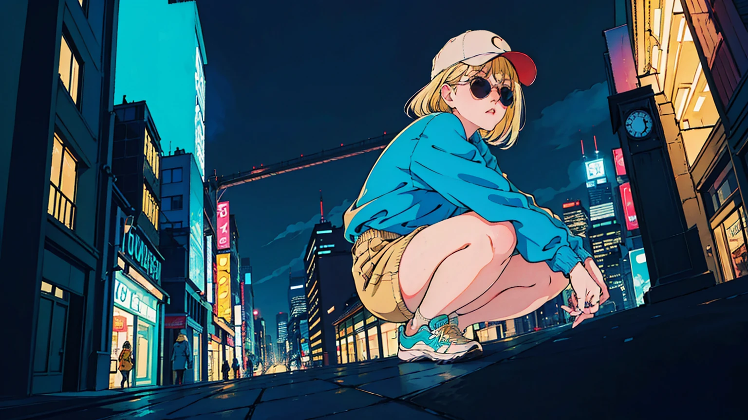 80's, Retro, City Pop, Best Photo Poses, Crouching on the city street, Dynamic Angle,girl, alone, cool, Delicate face, Wearing sunglasses, Blonde Hair, Cityscape, City of night, Casual street wear, Street side, Wearing a cap, Trendy clothing, clock, sneakers, Dynamic Angle