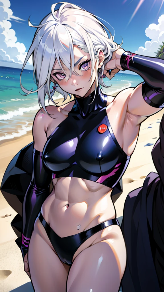 アニメ cel-shading Female Jenova, purple eyes, white hair, blue skin, bikini, on the beach in ((anime + manga + comics + cartoon) style) demoniac