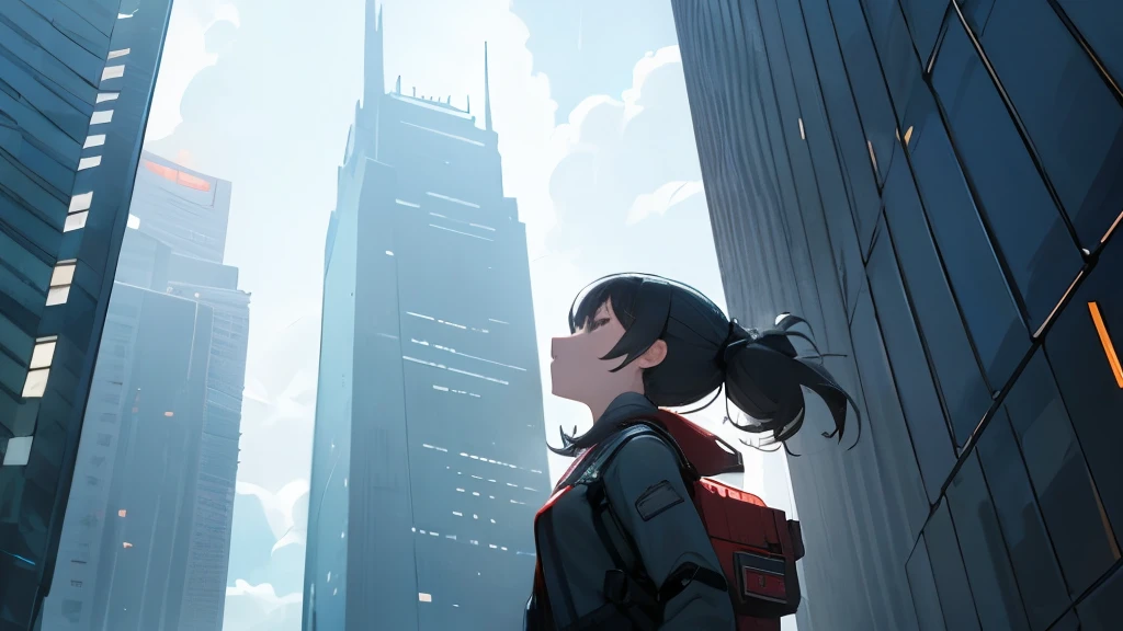 Looking up,High buildings are densely packed，cloudy day，young girl，Science Fiction Monsters