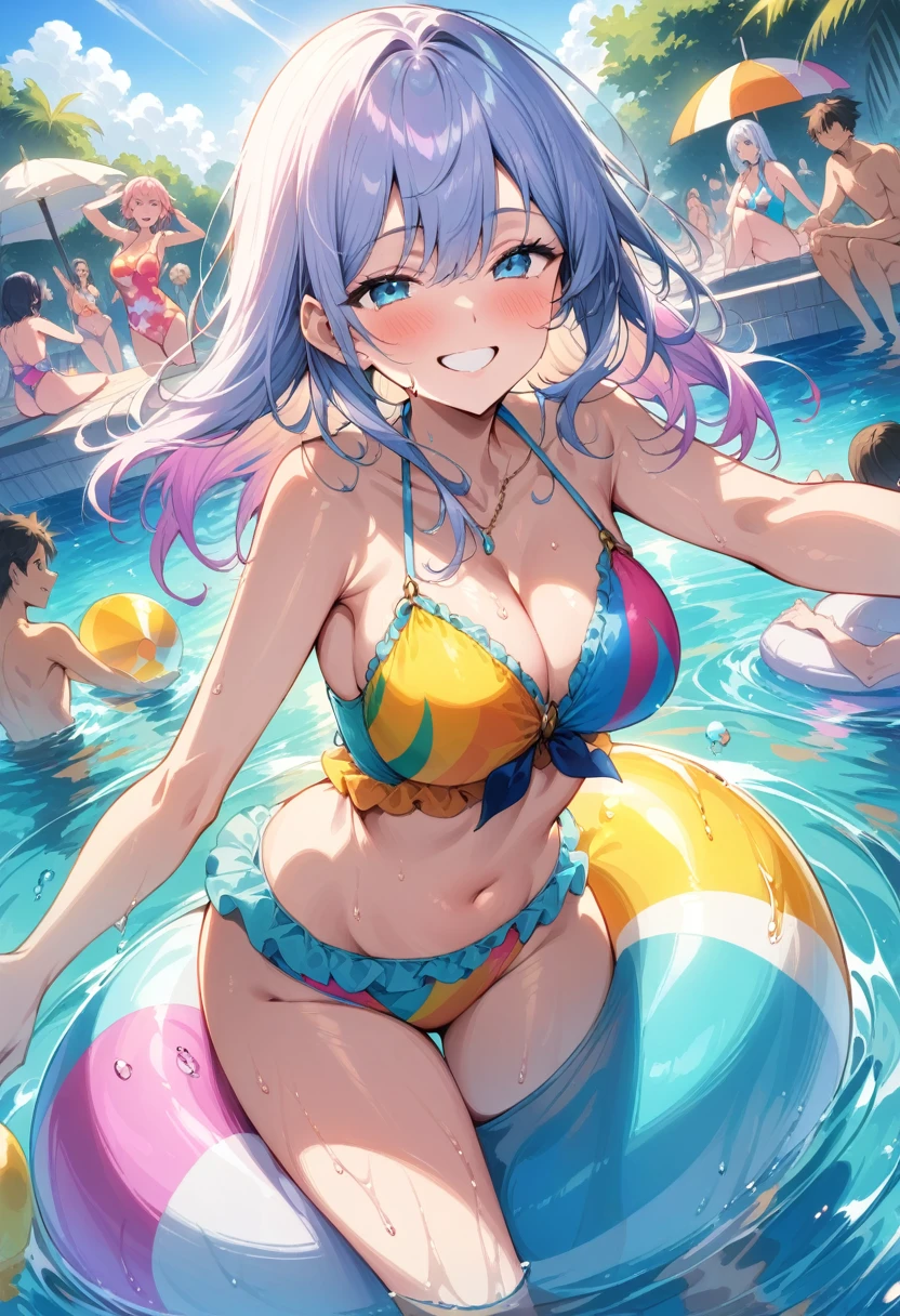 ((Masterpiece)), ((Best Quality)), (Very Detailed), ((Very Detailed)), 4K, (8K), very aesthetic, absurdres highres, Draw male and female participants enjoying a sunny pool party. They are wearing colorful swimsuits and enjoying playing in the pool. With a blue sky and sun in the background, deck chairs and umbrellas line the poolside. Participants are smiling, tossing beach balls to each other, and relaxing on floats. The sun's rays reflect on the water surface, creating a scene full of fun and vibrancy.