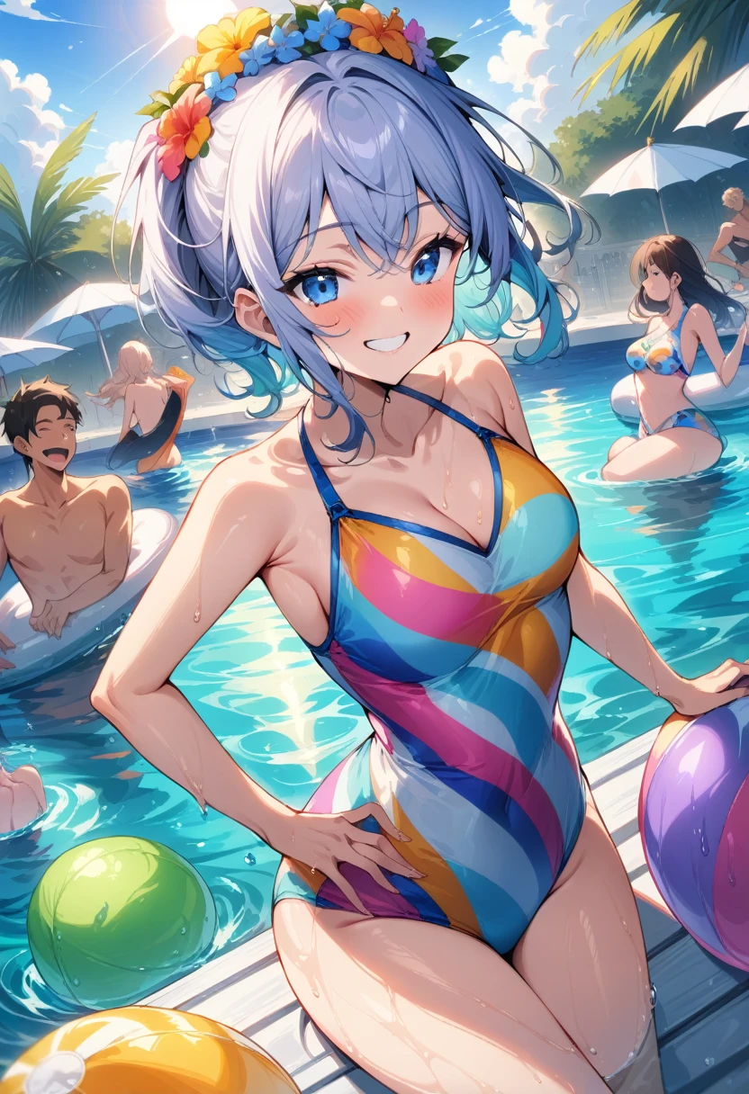 ((Masterpiece)), ((Best Quality)), (Very Detailed), ((Very Detailed)), 4K, (8K), very aesthetic, absurdres highres, Draw male and female participants enjoying a sunny pool . They are wearing colorful swimsuits and enjoying playing in the pool. With a blue sky and sun in the background, deck chairs and umbrellas line the poolside. Participants are smiling, tossing beach balls to each other, and relaxing on floats. The sun's rays reflect on the water surface, creating a scene full of fun and vibrancy.