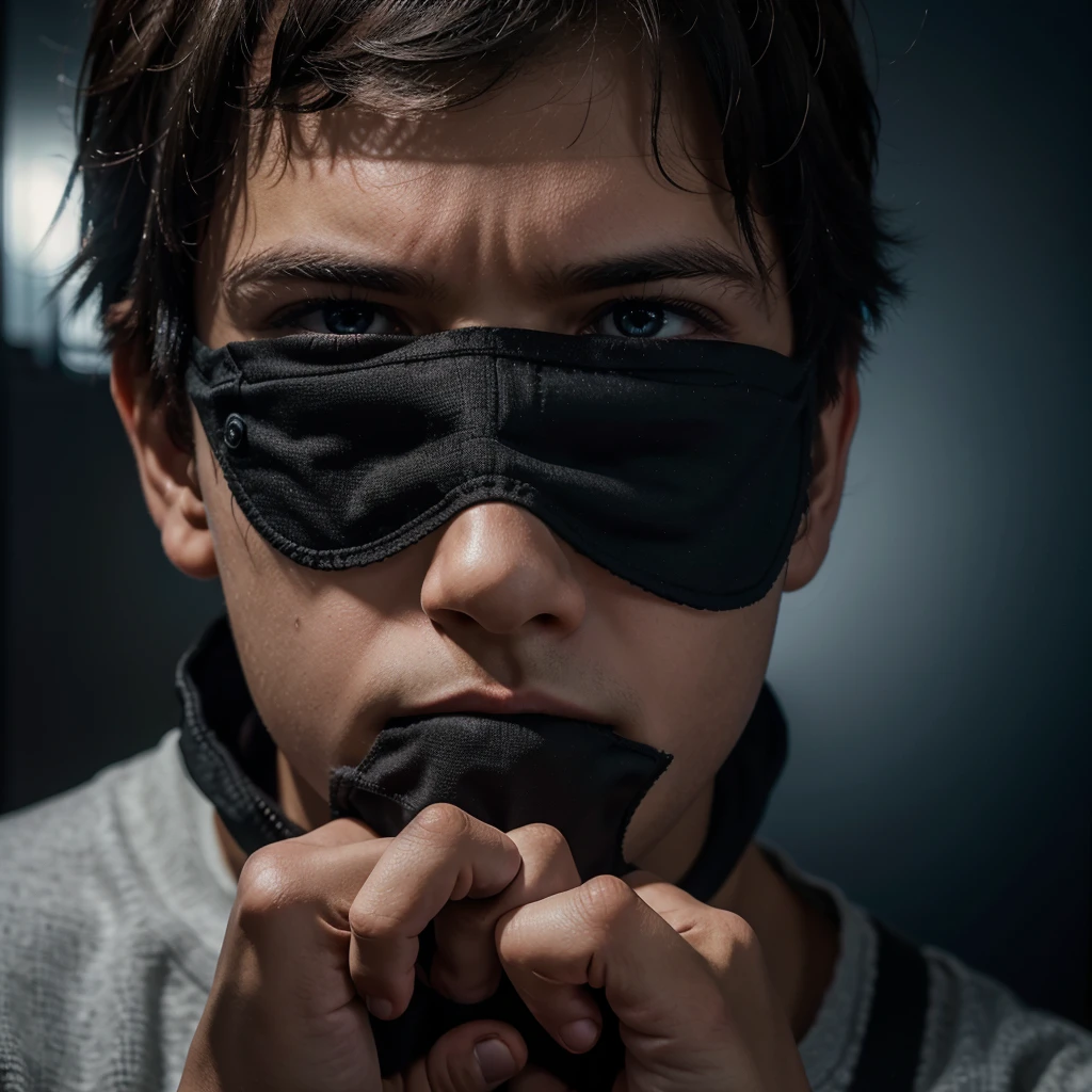 A boy with a menacing gaze hides his face in a technologically advanced 4K environment, creating an air of mystery and suspense in the digital world.