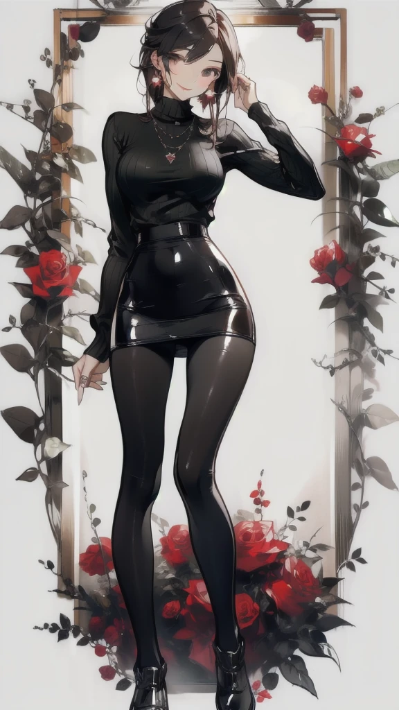 ((masterpiece， best quality))，singer，Note，Rose，earphone，Detailed face，Smile，whole body，Perfect body proportions，modern，Plush，Pantyhose，Backless sweater，sexly，extremely beautiful，Note装饰，transparent,