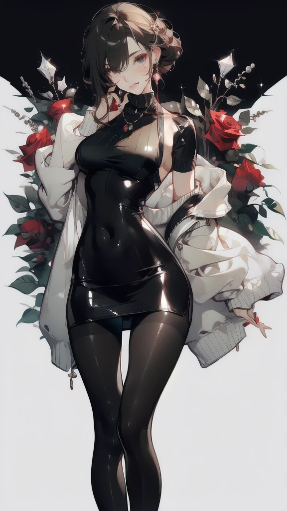 ((masterpiece， best quality))，singer，Note，Rose，earphone，Detailed face，Smile，whole body，Perfect body proportions，modern，Plush，Pantyhose，Backless sweater，sexly，extremely beautiful，Note装饰，transparent,