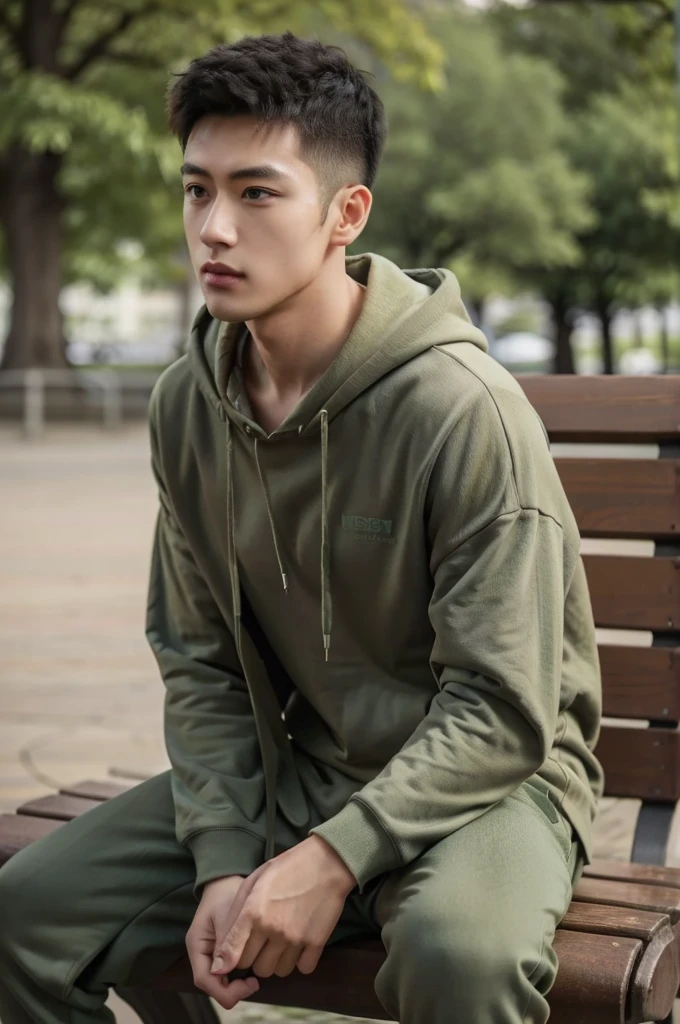 a sad man with a disheveled tapered hairstyle, wears a green hoodie and jogger, streetwear style, sitting on the park bench