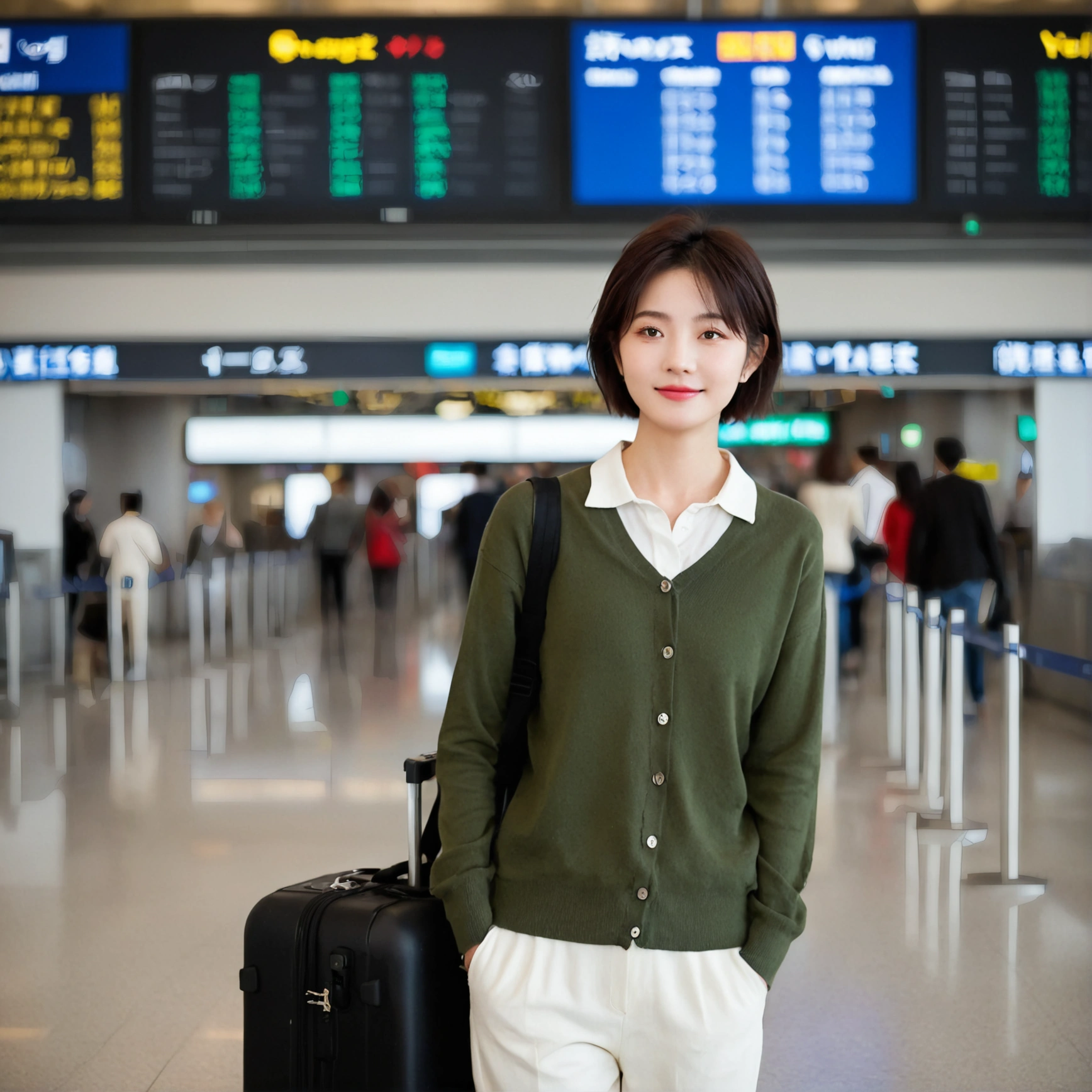 beautiful korean girl , 32 inch chest size, Your eyes are big and pretty. Short in stature. Standing in the departure hall of the airport. . short medium hair, Standing in line at the departure hall of Frankfurt Airport, Germany. He wore a white shirt, a green jumper, and white casual pants.s.Dragging a suitcase. short medium hair, short height, Full body shot with Canon camera 16-35 wide angle lens, short medium hair. expressionless, full body shot, perfect fingers, Make the airport electronic display visible, 멀리 full body shot, uhd