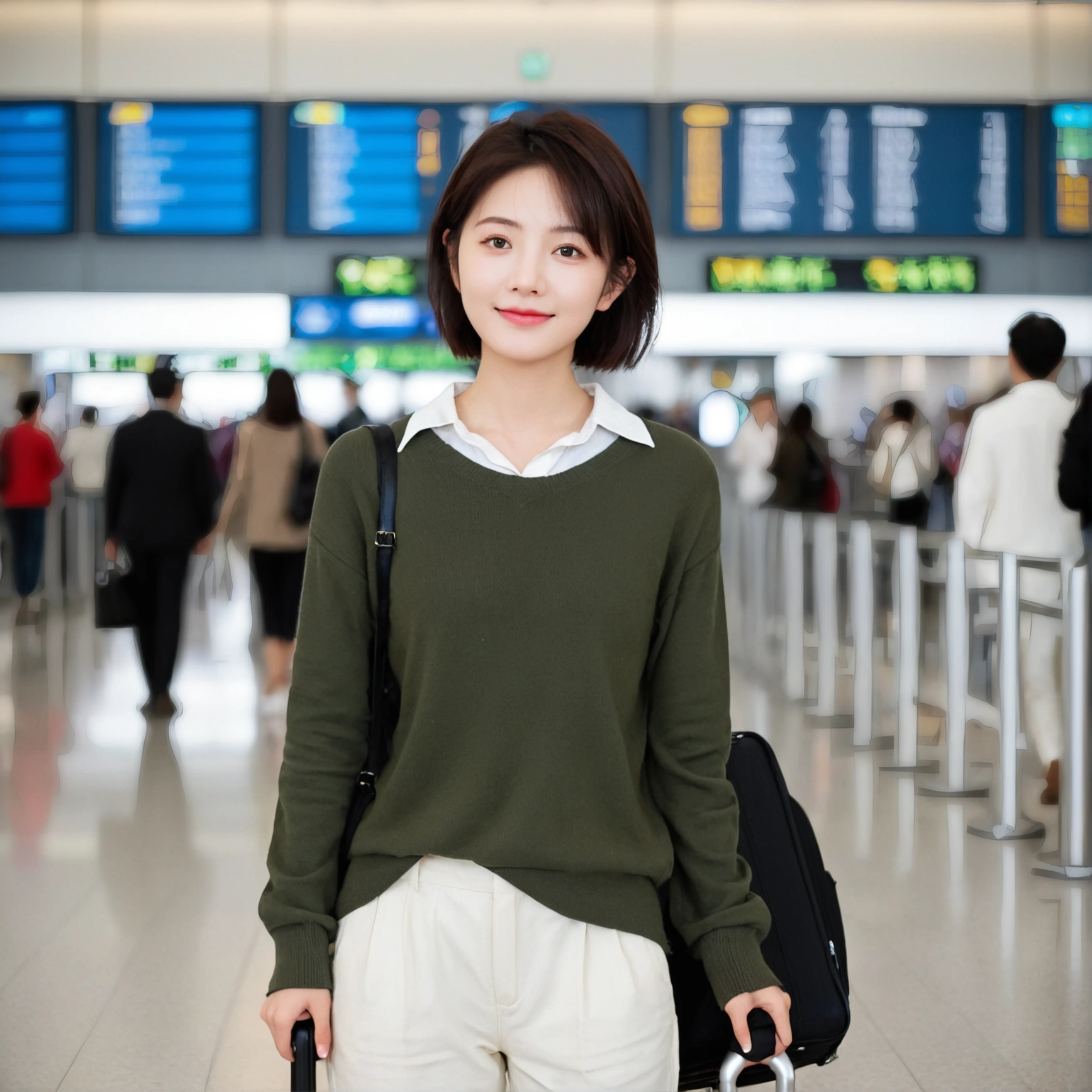 beautiful korean girl , 32 inch chest size, Your eyes are big and pretty. Short in stature. Standing in the departure hall of the airport. . short medium hair, Standing in line at the departure hall of Frankfurt Airport, Germany. He wore a white shirt, a green jumper, and white casual pants.s.Dragging a suitcase. short medium hair, short height, Full body shot with Canon camera 16-35 wide angle lens, short medium hair. expressionless, full body shot, perfect fingers, Make the airport electronic display visible, 멀리 full body shot, uhd