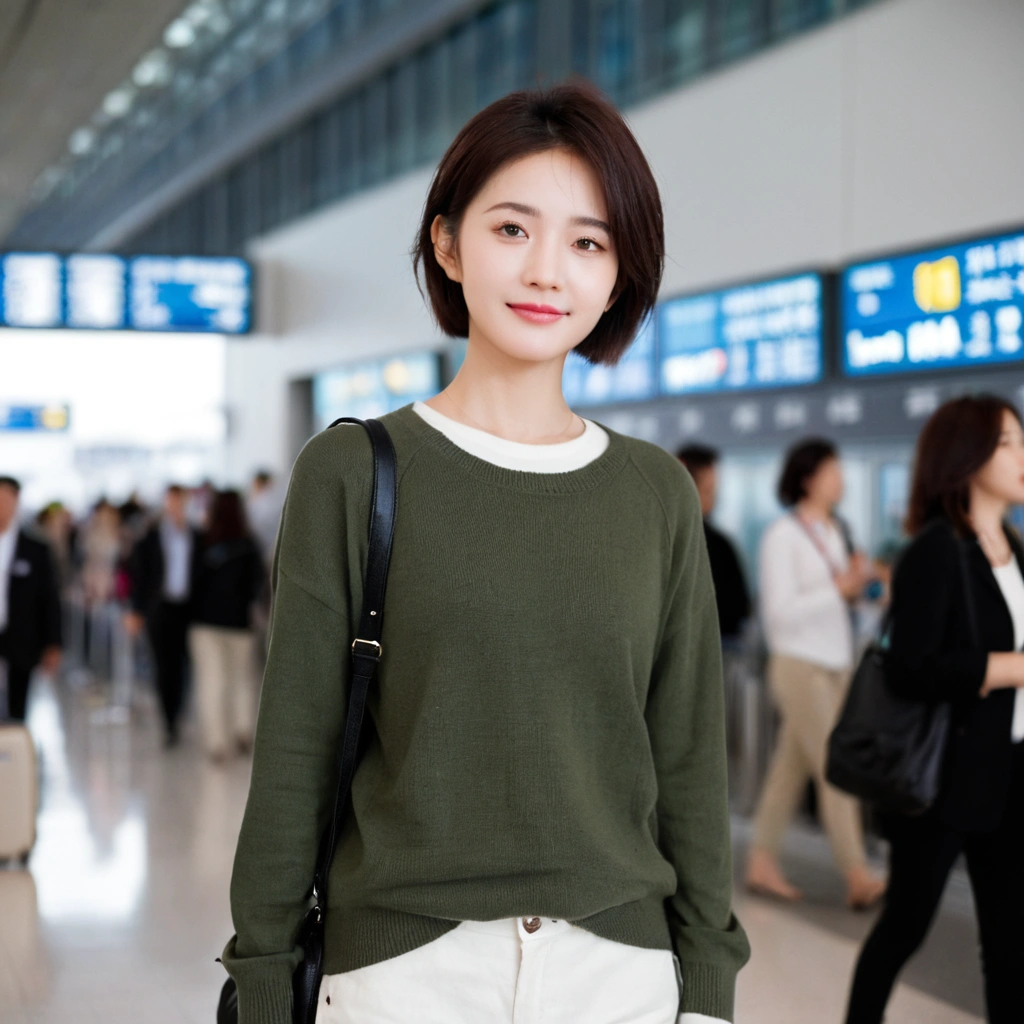 beautiful korean girl , 32 inch chest size, Your eyes are big and pretty. Short in stature. Standing in the departure hall of the airport. . short medium hair, Standing in line at the departure hall of Frankfurt Airport, Germany. He wore a white shirt, a green jumper, and white casual pants.s.Dragging a suitcase. short medium hair, short height, Full body shot with Canon camera 16-35 wide angle lens, short medium hair. expressionless, full body shot, perfect fingers, Make the airport electronic display visible, 멀리 full body shot, uhd