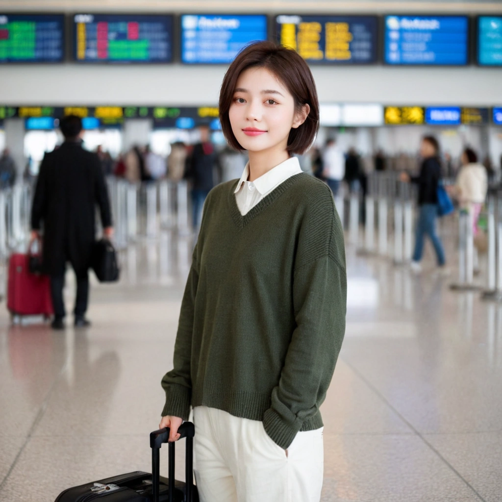 beautiful korean girl , 32 inch chest size, Your eyes are big and pretty. Short in stature. Standing in the departure hall of the airport. . short medium hair, Standing in line at the departure hall of Frankfurt Airport, Germany. He wore a white shirt, a green jumper, and white casual pants.s.Dragging a suitcase. short medium hair, short height, Full body shot with Canon camera 16-35 wide angle lens, short medium hair. expressionless, full body shot, perfect fingers, Make the airport electronic display visible, 멀리 full body shot, uhd