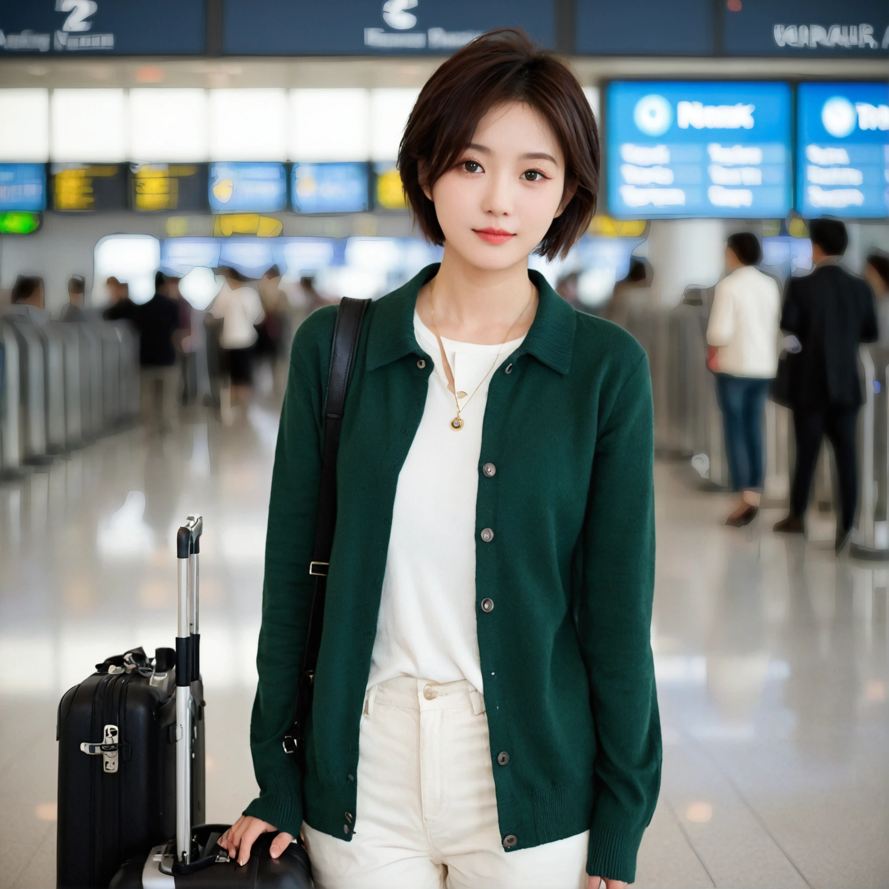 beautiful korean girl , 32 inch chest size, Your eyes are big and pretty. Short in stature. Standing in the departure hall of the airport. . short medium hair, Standing in line at the departure hall of Frankfurt Airport, Germany. He wore a white shirt, a green jumper, and white casual pants.s.Dragging a suitcase. short medium hair, short height, Full body shot with Canon camera 16-35 wide angle lens, short medium hair. expressionless, full body shot, perfect fingers, Make the airport electronic display visible, 멀리 full body shot, uhd