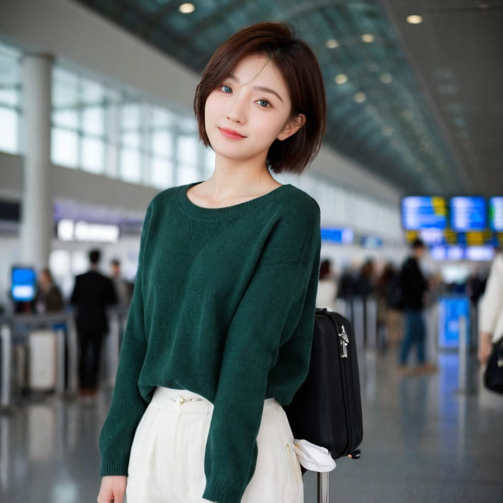 beautiful korean girl , 32 inch chest size, Your eyes are big and pretty. Short in stature. Standing in the departure hall of the airport. . short medium hair, Standing in line at the departure hall of Frankfurt Airport, Germany. He wore a white shirt, a green jumper, and white casual pants.s.Dragging a suitcase. short medium hair, short height, Full body shot with Canon camera 16-35 wide angle lens, short medium hair. expressionless, full body shot, perfect fingers, Make the airport electronic display visible, 멀리 full body shot, uhd