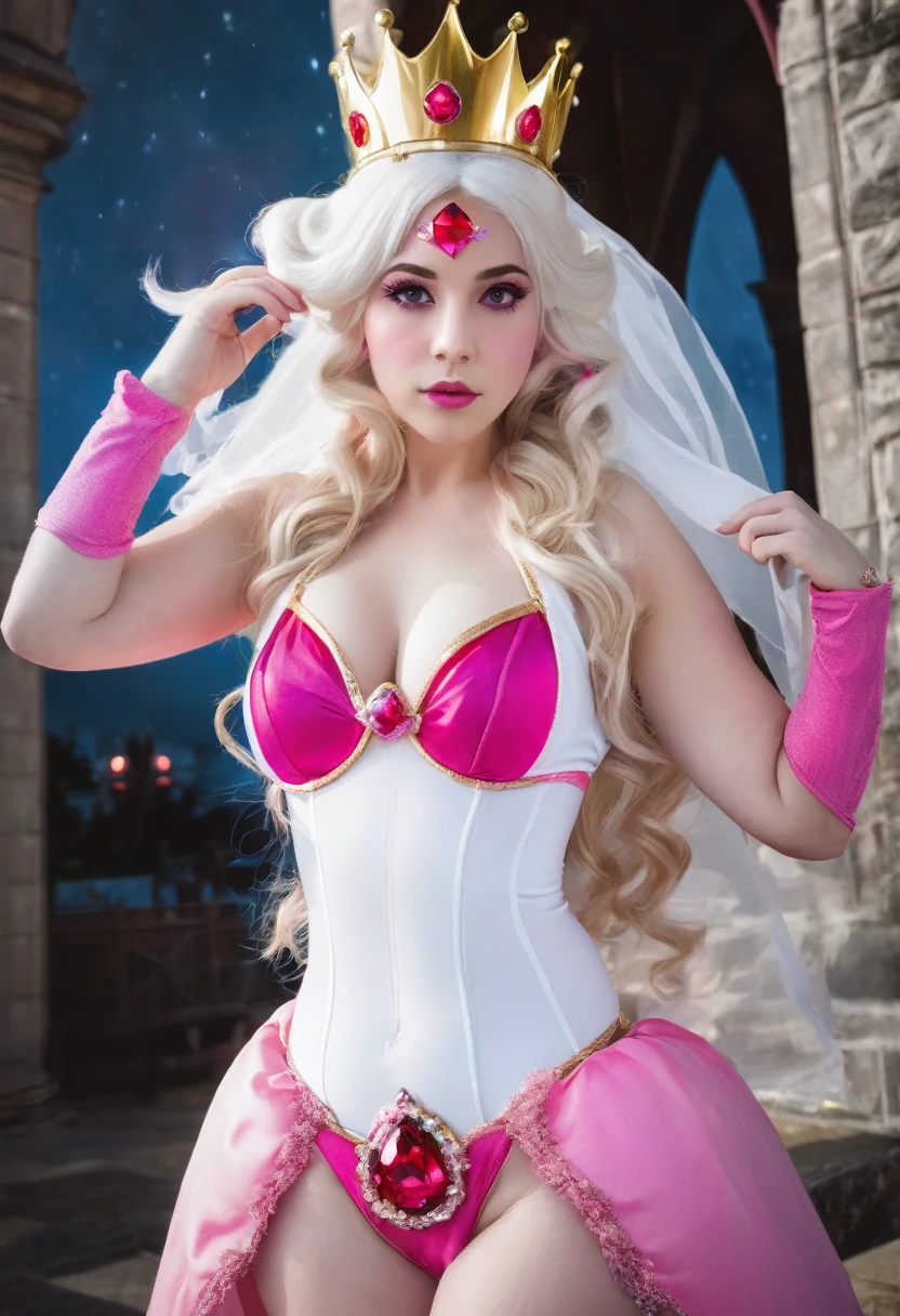 white princess peach cosplay, white princess peach with white bikini, with white hair, red eyes, tall and voluptuous, her crown with a pink diamond. little ghosts in the background, in the night church, photo