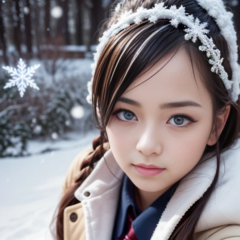 ExtremelyDetailed KAWAII SchoolGirls standing in (Sparkling snow dust), Stunning detailed eyes with (Sparkling Highlights:1.28), beautiful detailed lips, extremely detailed eyes and face, double eyelids with Detailed Long Eyelash, rosy cheeks, Radiant PearlSkin with Transparency, detailed snow fairys in (School Uniform with Coat), (glowing snowflakes:1.32), intricate snowy background, ethereal and magical lighting, cinematic composition, (best quality,4k,8k,highres,masterpiece:1.2),ultra-detailed,(realistic,photorealistic,photo-realistic:1.37) (FullBody:1.28) (exposed:0.33)
