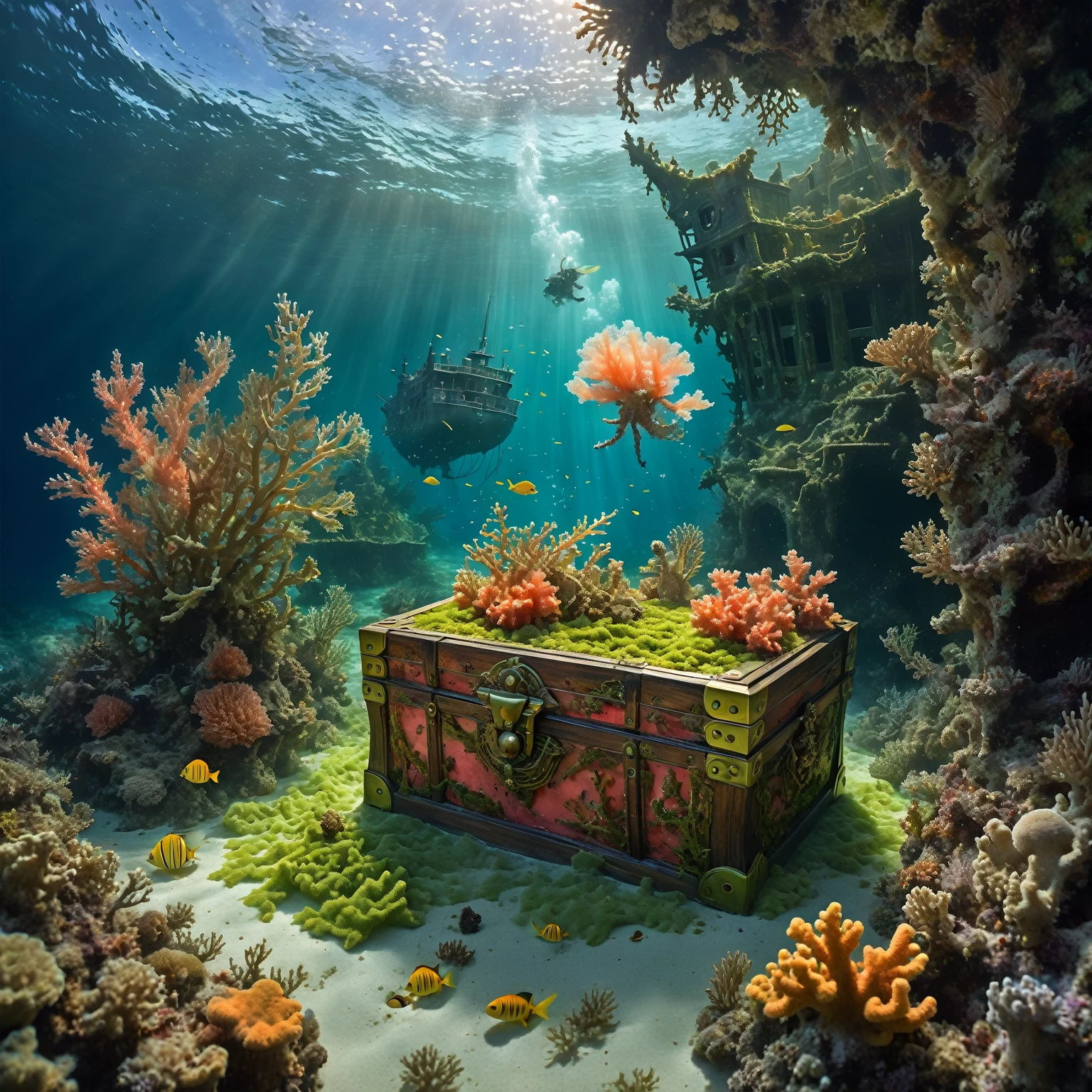 In a brief interim a coral fairy dressed with algae illuminates with St. Elmo's Fire a pirate wrecking site on covered by algae and coral, showcasing the wrecked ship partially hidden by the acuatic vegetation, a wooden treasure chest, underwater scene, Caribbean sea, melancholic, organic forms, art nouveau, slightly  influenced by Zena Holloway, Shaun Tan and Seth Globepaint.