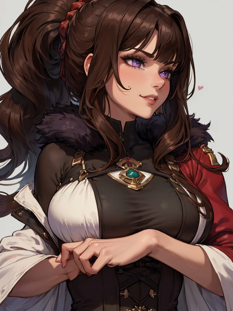 ((masterpiece)), ((best quality)), 1girl, adult, long hair, big bust, ((brown hair)), ((intimidant look)), ((close-up)), profile image, black and red clothes, sexy, dark colors, ((coat with fur)), ((wavy hair)), exposed skin, ((sexy pose)), good anatomy, ((dark sage clothes)), ((straight cut bangs)), emotionless, intimidant, ((beautiful eyes)), castle background, close up, ((detailed eyes)), ((detailed face)), hair bang, frontal look, relaxed, smile, queen, ponytail, violet eyes